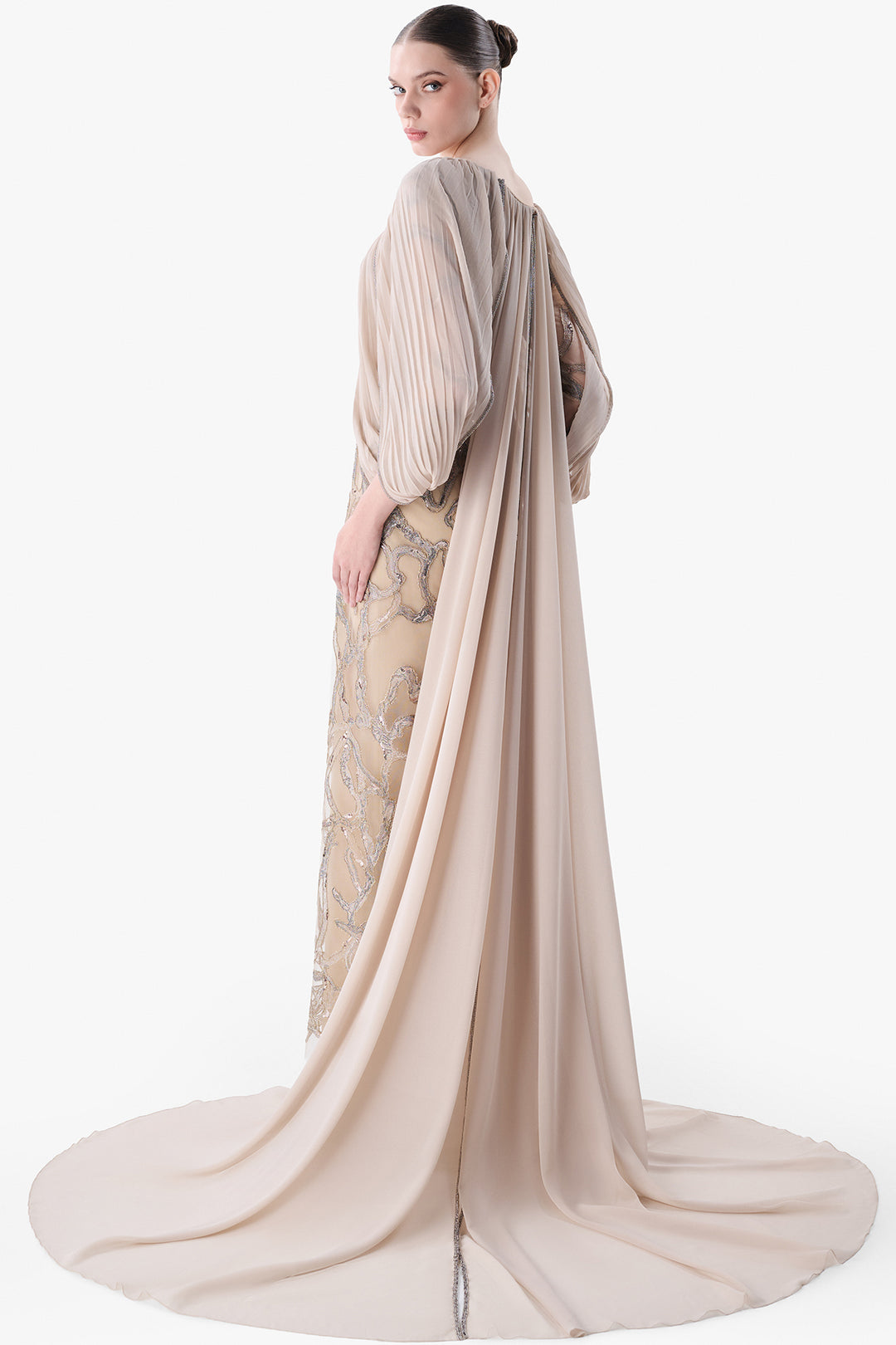 Embroidered Gown with Pleated Cape Sleeves