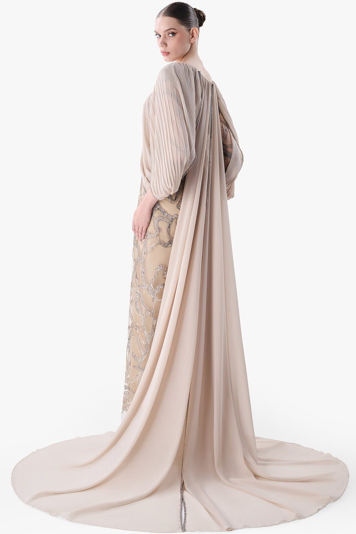 Embroidered Gown with Pleated Cape Sleeves