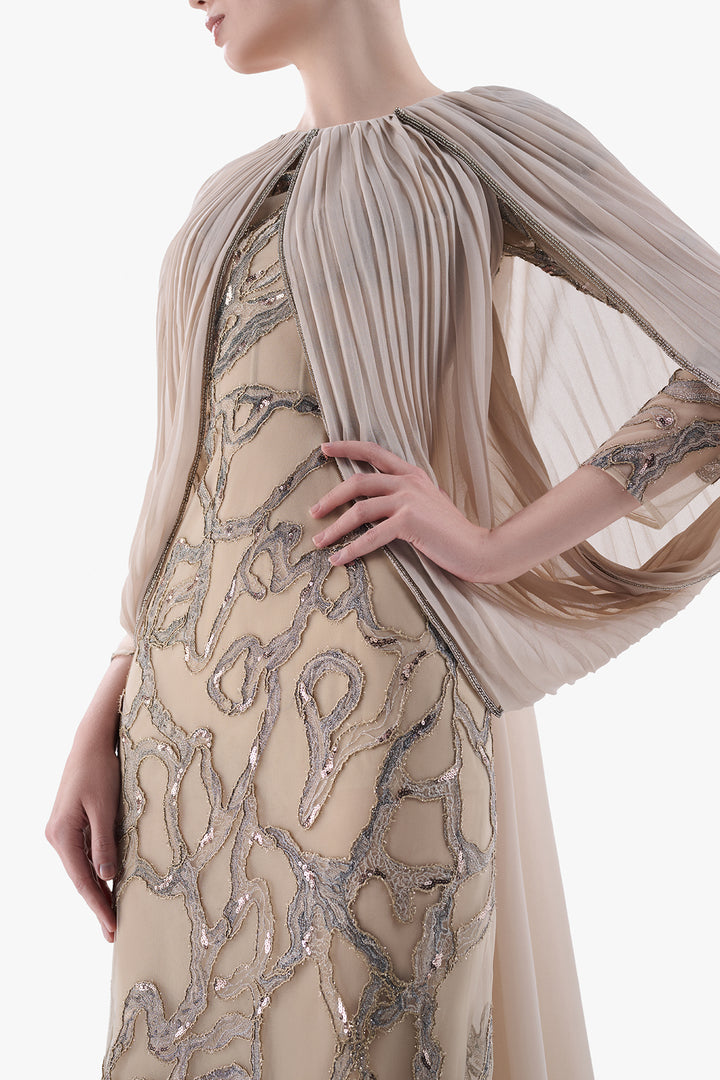 Embroidered Gown with Pleated Cape Sleeves