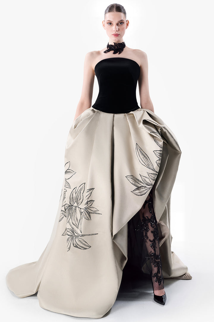 Strapless Velvet Gown with Draped Satin Skirt