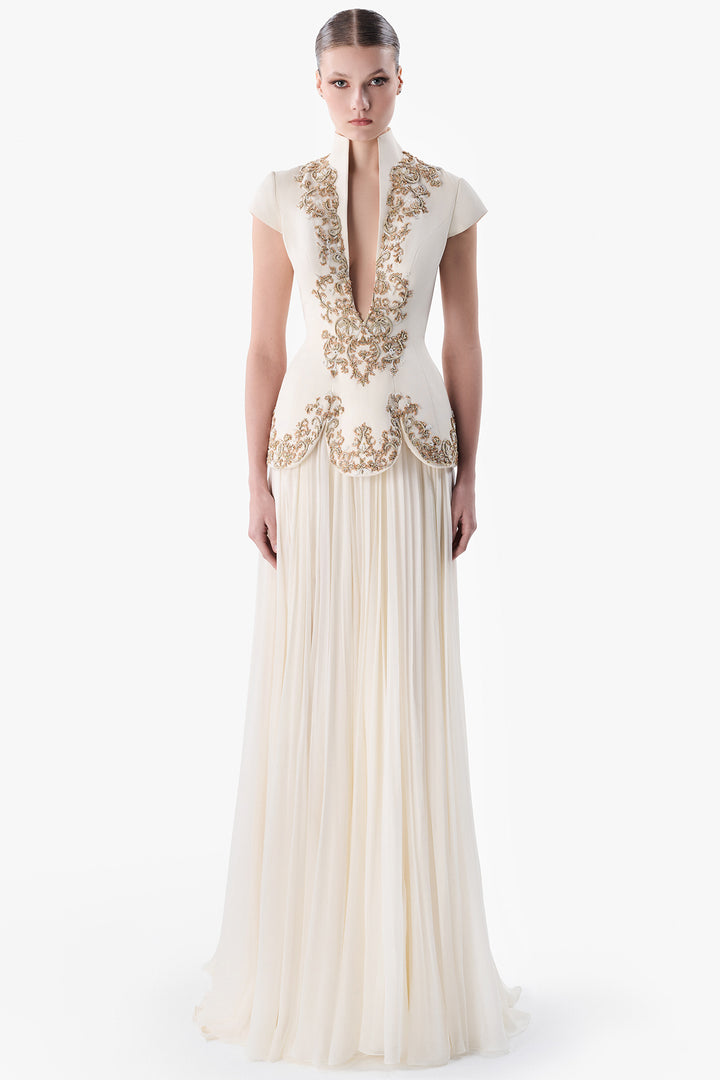 Embroidered Peplum Gown with Chiffon Skirt
