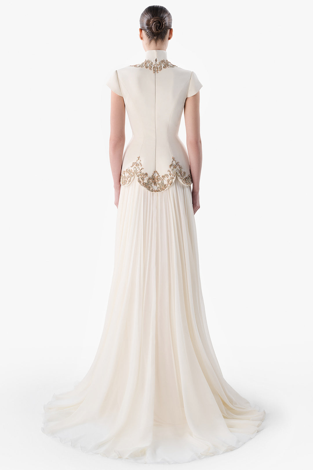 Embroidered Peplum Gown with Chiffon Skirt