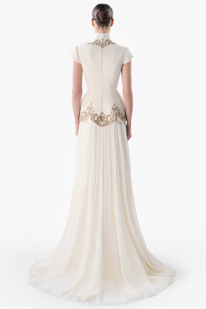 Embroidered Peplum Gown with Chiffon Skirt