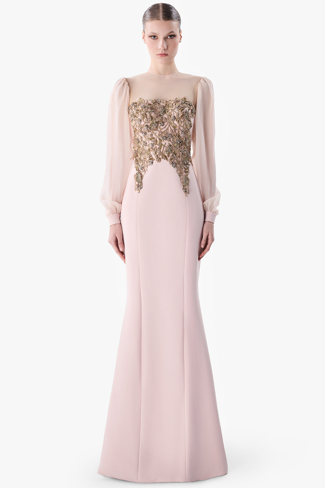 Embroidered Bodice Gown with Sheer Sleeves