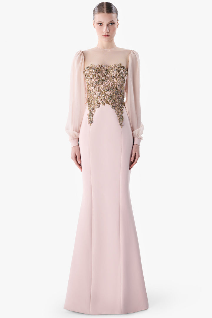 Embroidered Bodice Gown with Sheer Sleeves