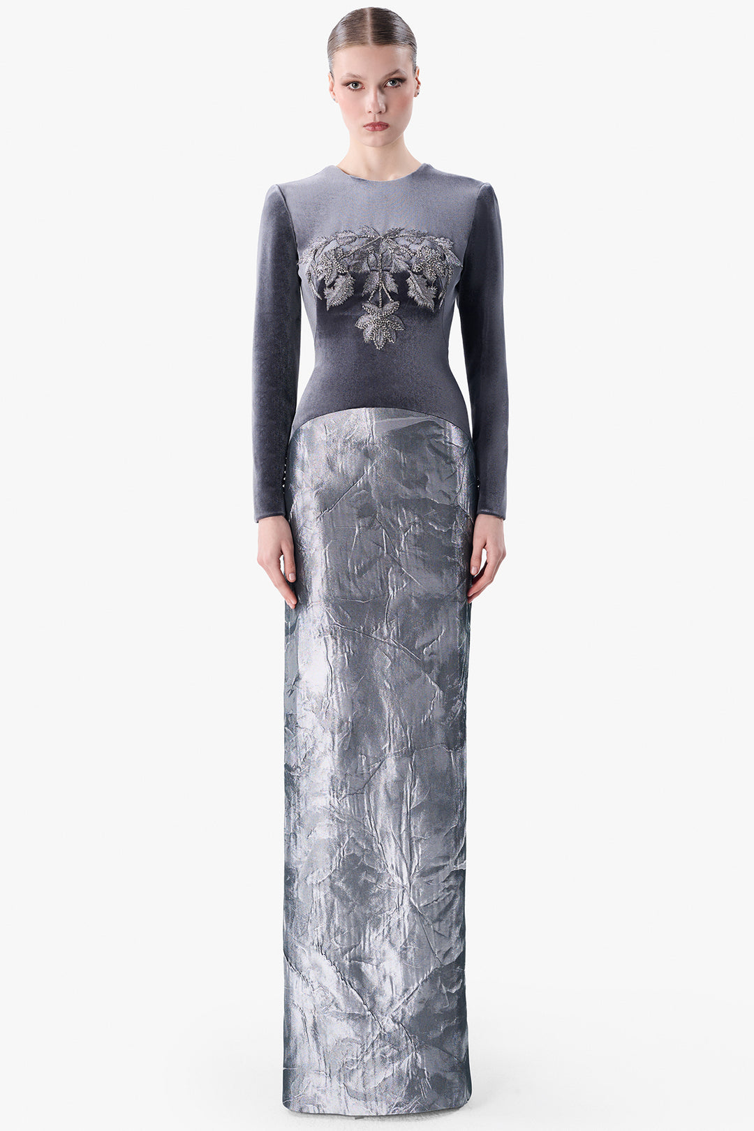 Fitted Velvet Gown with Embroidered Bodice