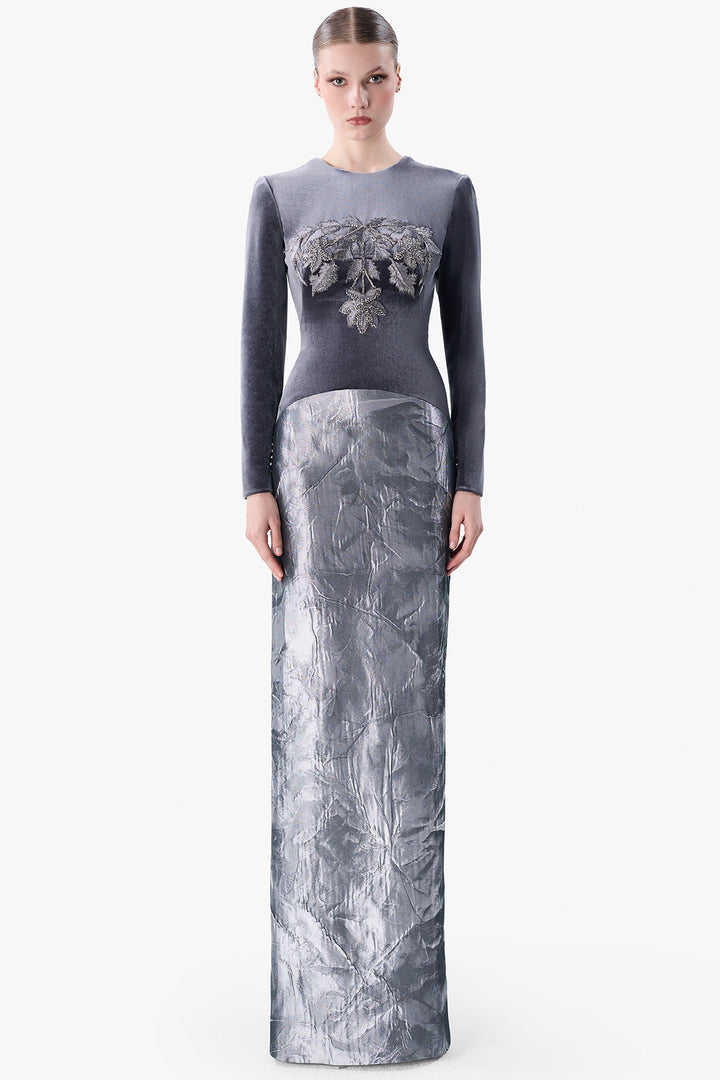 Fitted Velvet Gown with Embroidered Bodice