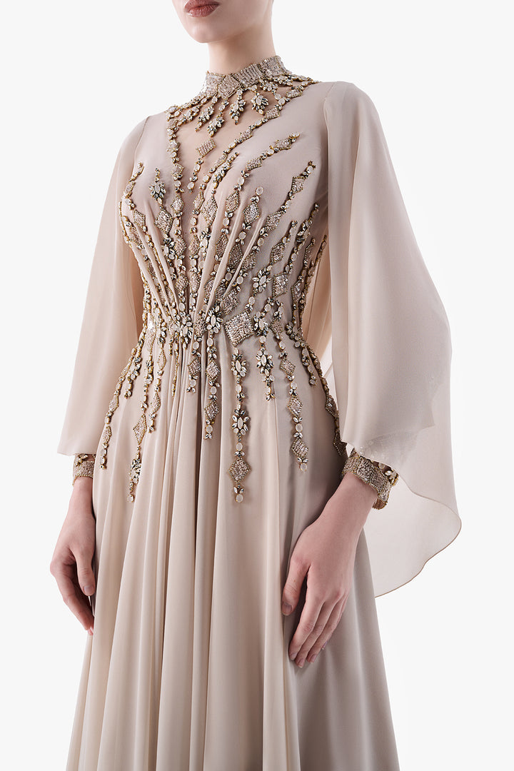Embroidered Gown with Draped Back Cape