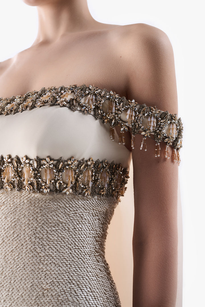 Off-Shoulder Embellished Column Gown