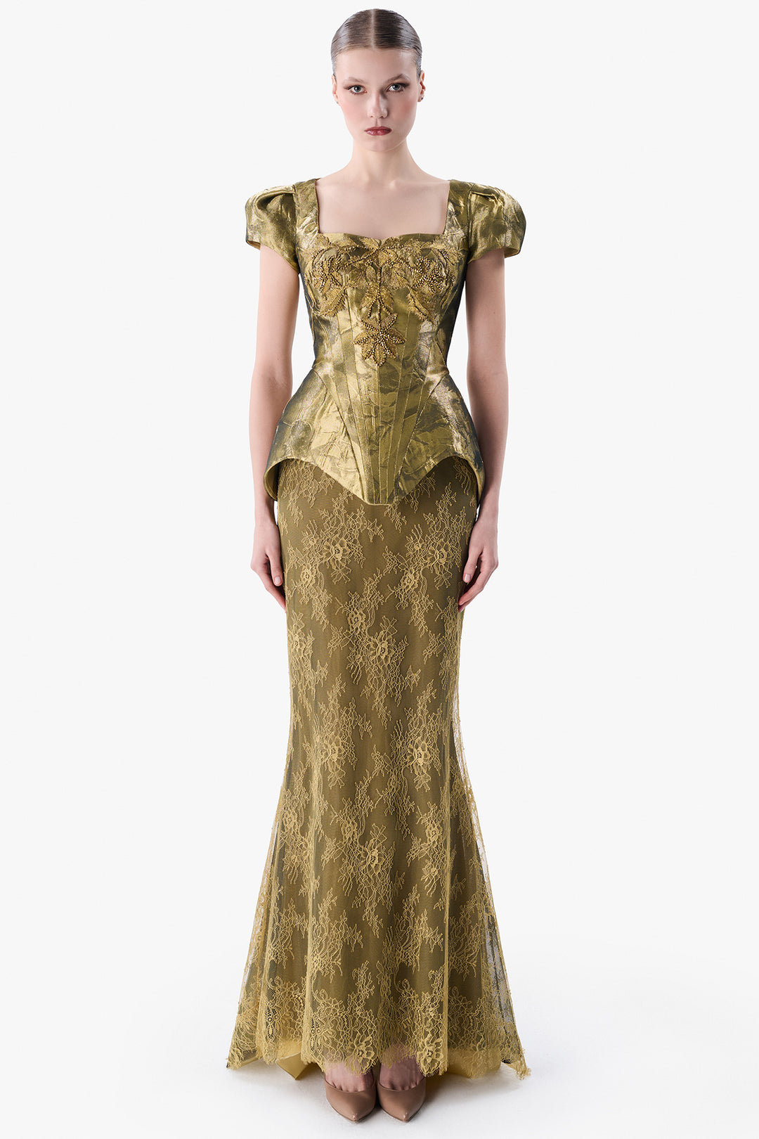 Metallic Jacquard Peplum Gown