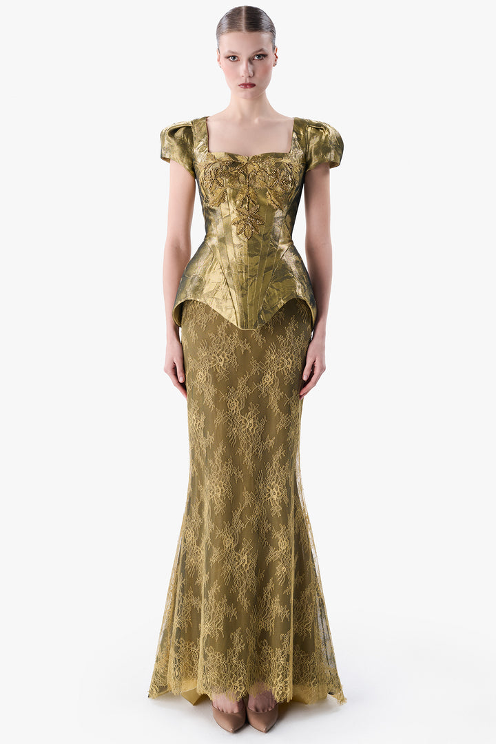 Metallic Jacquard Peplum Gown