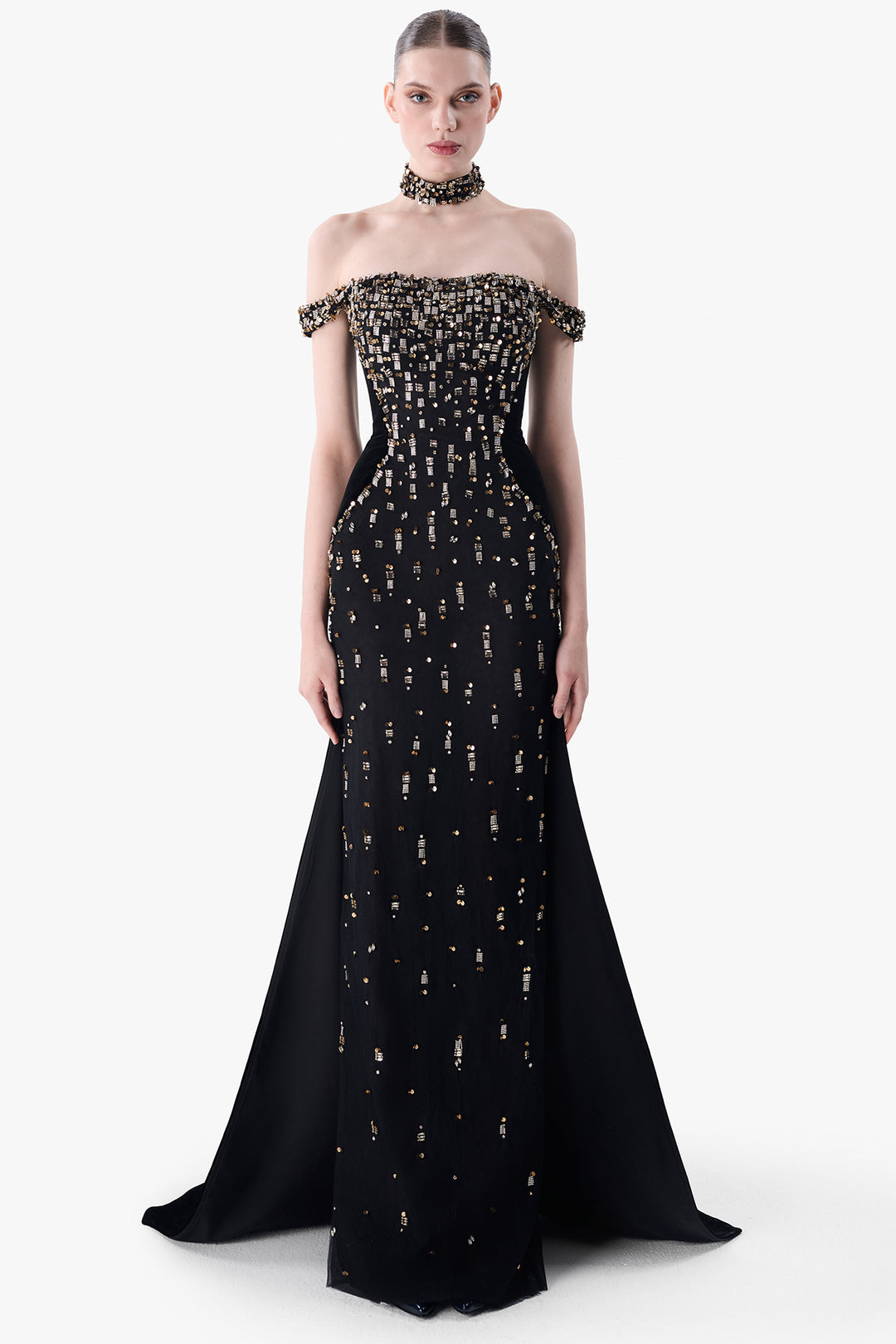 Embroidered Off-Shoulder Velvet Gown