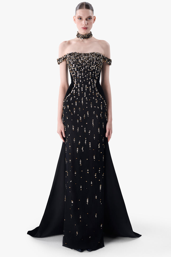 Embroidered Off-Shoulder Velvet Gown