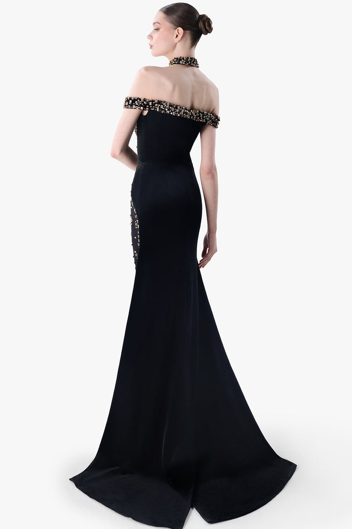 Embroidered Off-Shoulder Velvet Gown