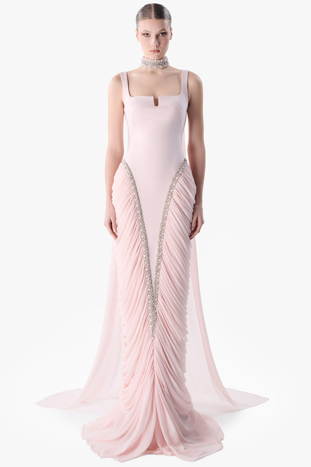 Draped Bodice Embroidered Gown