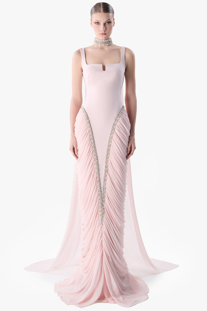 Draped Bodice Embroidered Gown