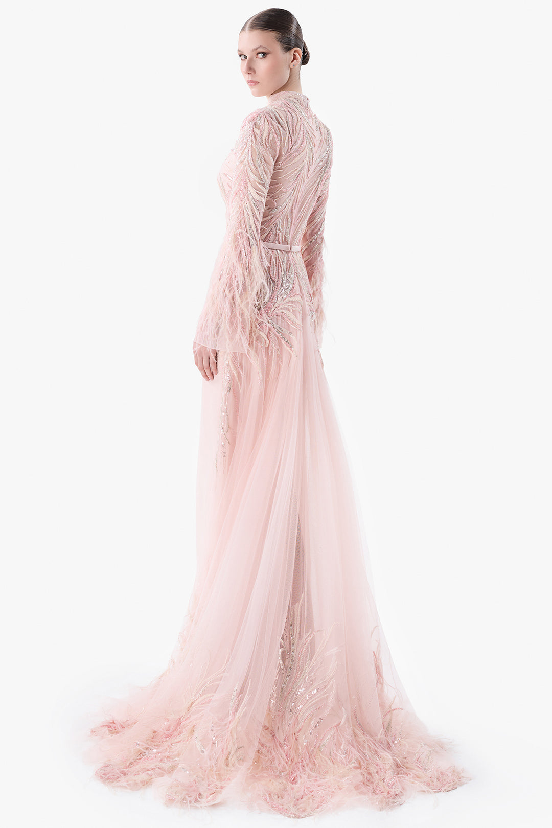 Belted Embroidered Sleeve Gown