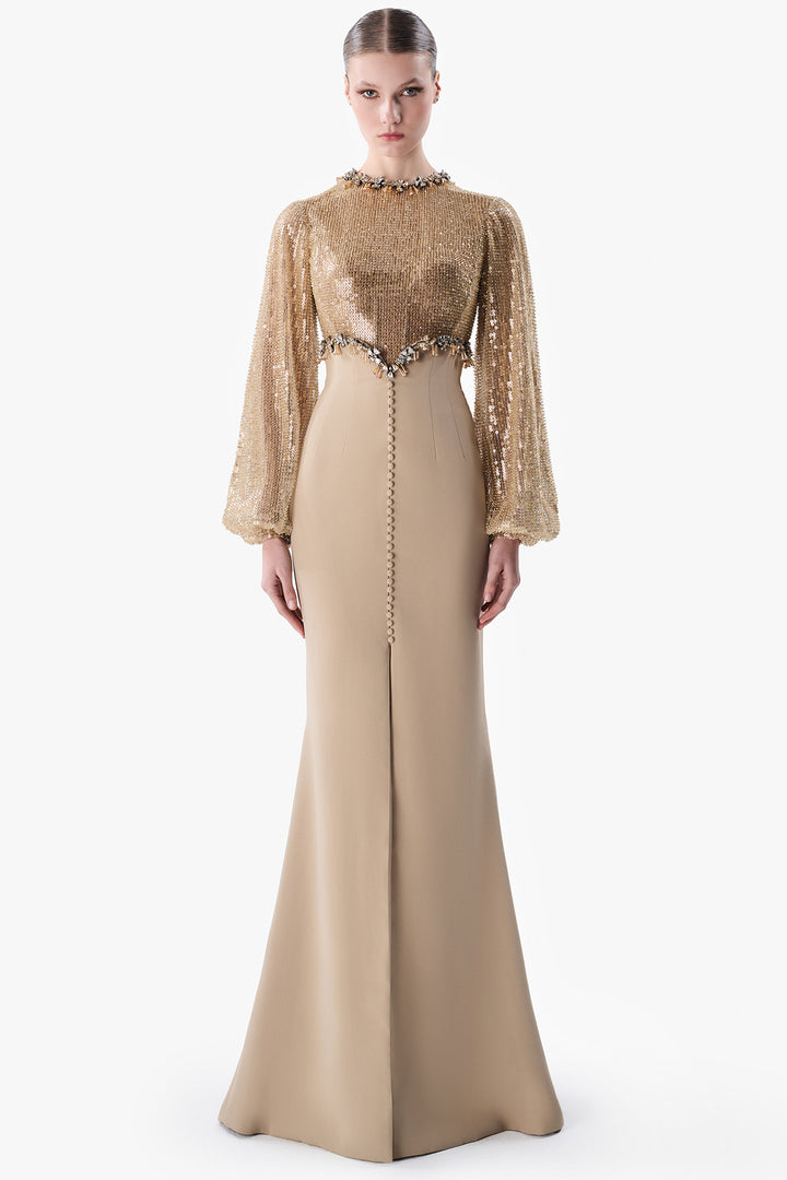 Sequinned Bodice Crepe Gown