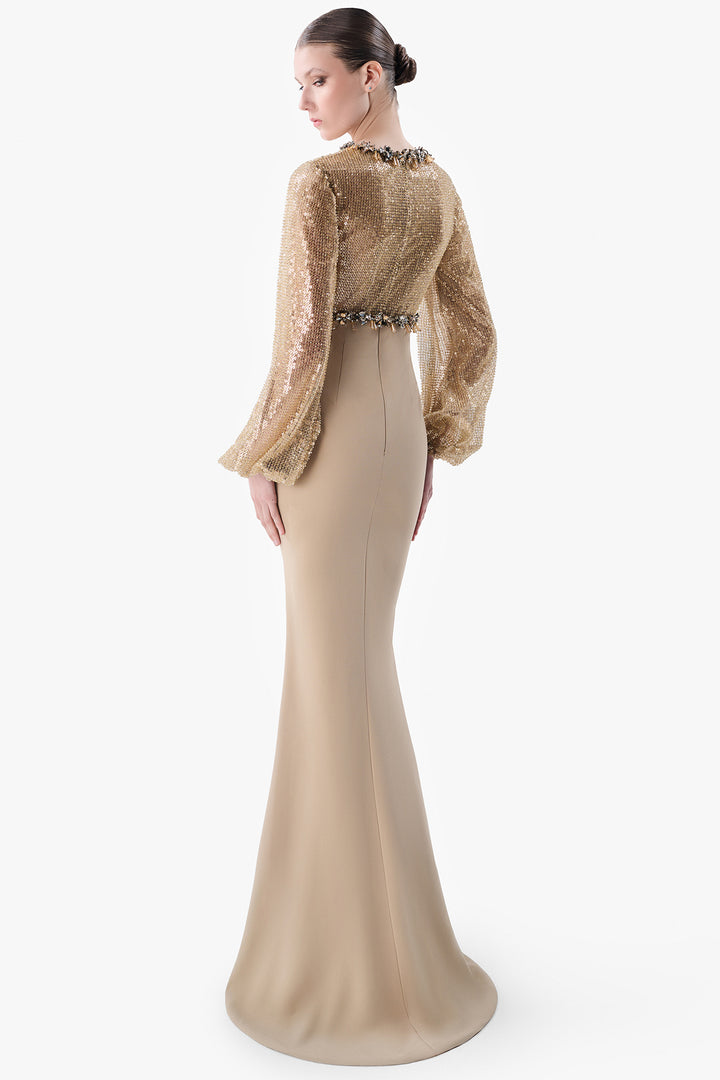 Sequinned Bodice Crepe Gown