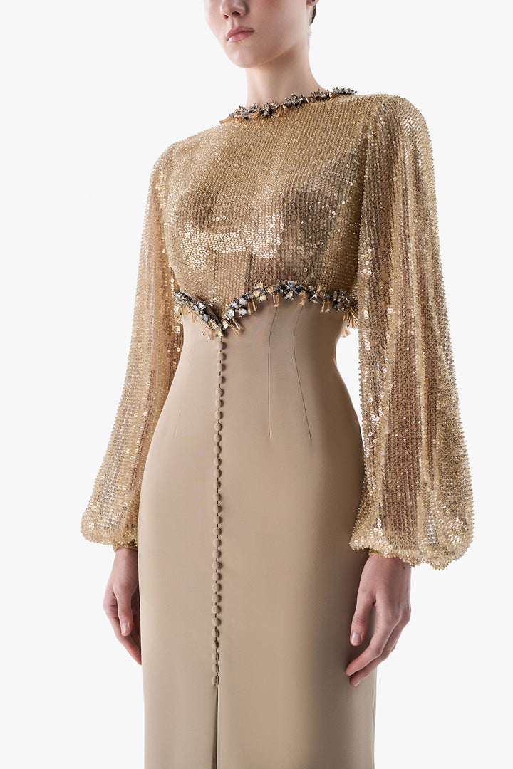 Sequinned Bodice Crepe Gown
