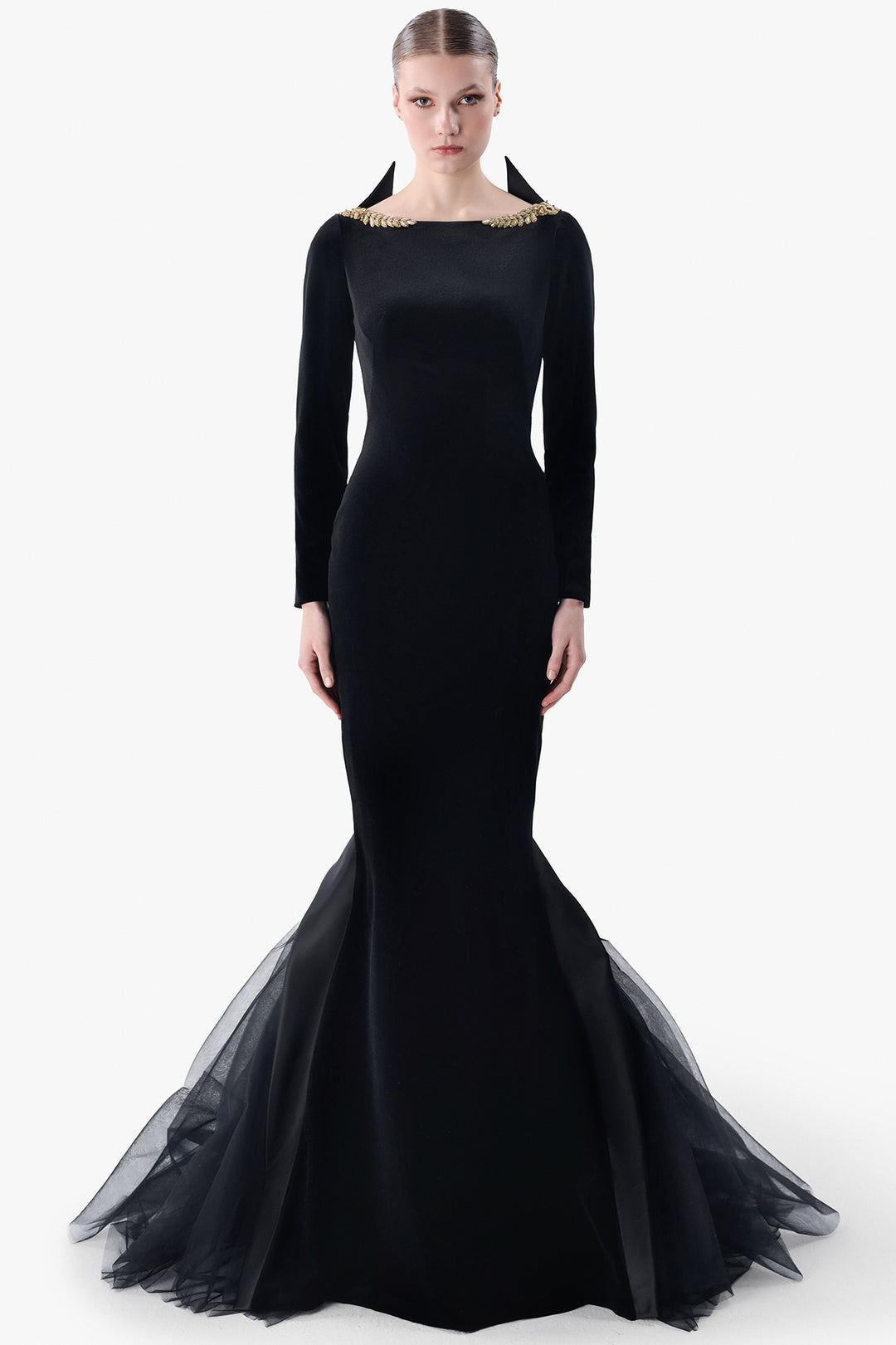 Open Back Mermaid Gown with Embroidered Collar