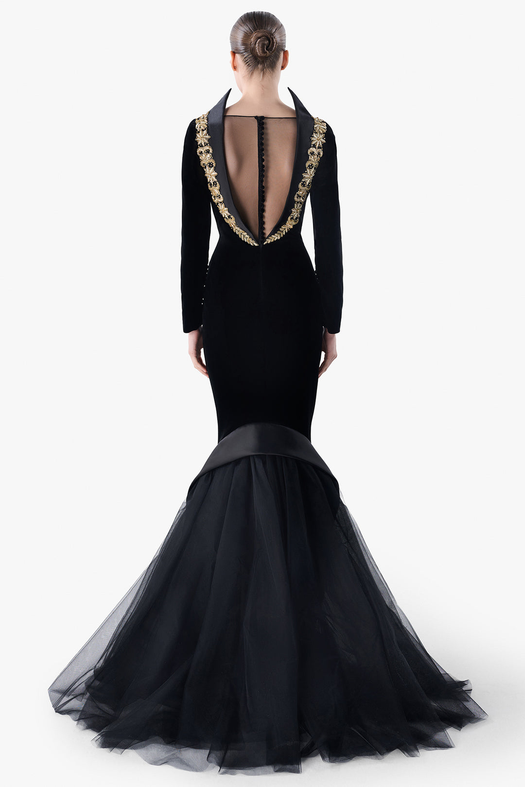 Open Back Mermaid Gown with Embroidered Collar
