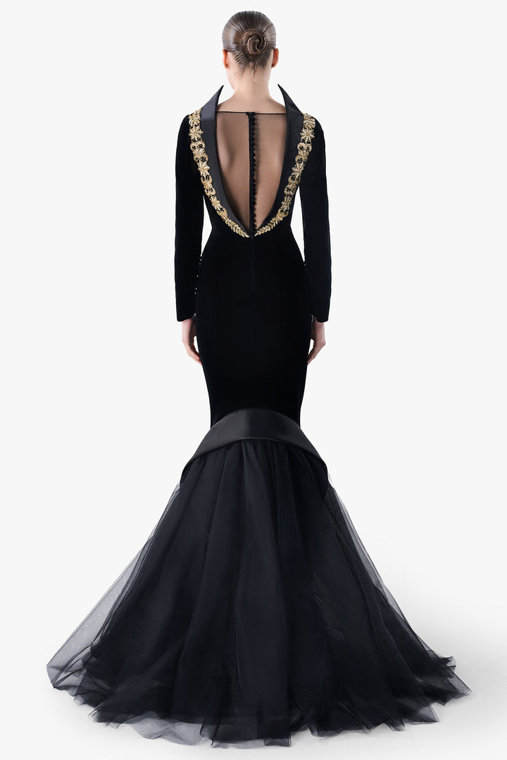 Open Back Mermaid Gown with Embroidered Collar