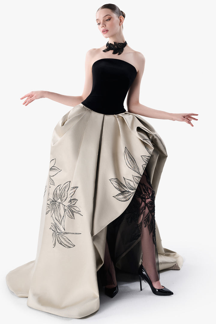 Strapless Velvet Gown with Draped Satin Skirt