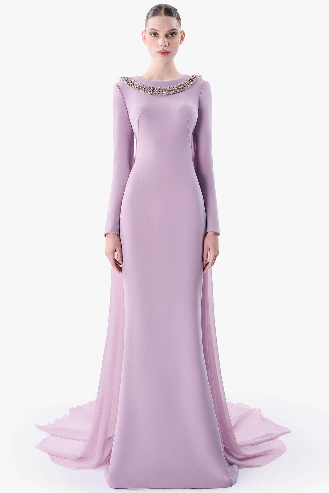 Embellished Neckline Crepe Gown