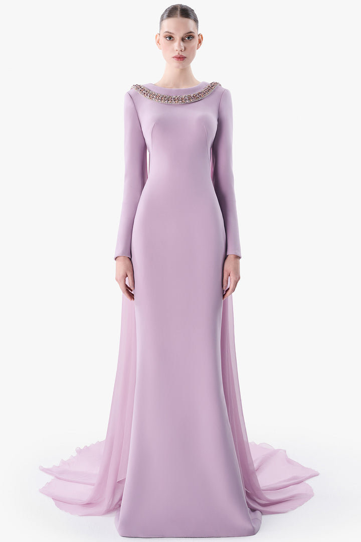 Embellished Neckline Crepe Gown