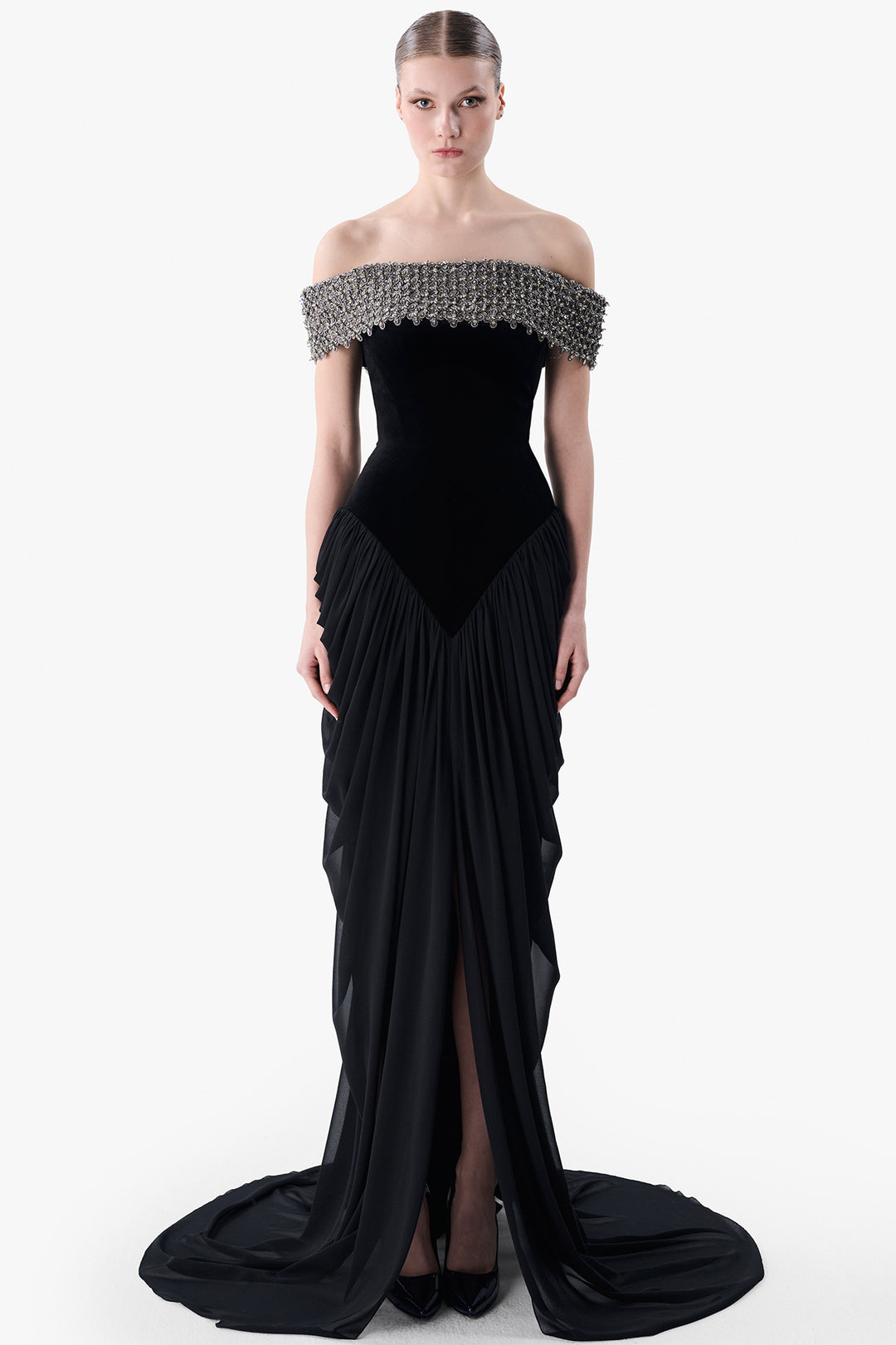 Velvet Corset Gown with Draped Skirt