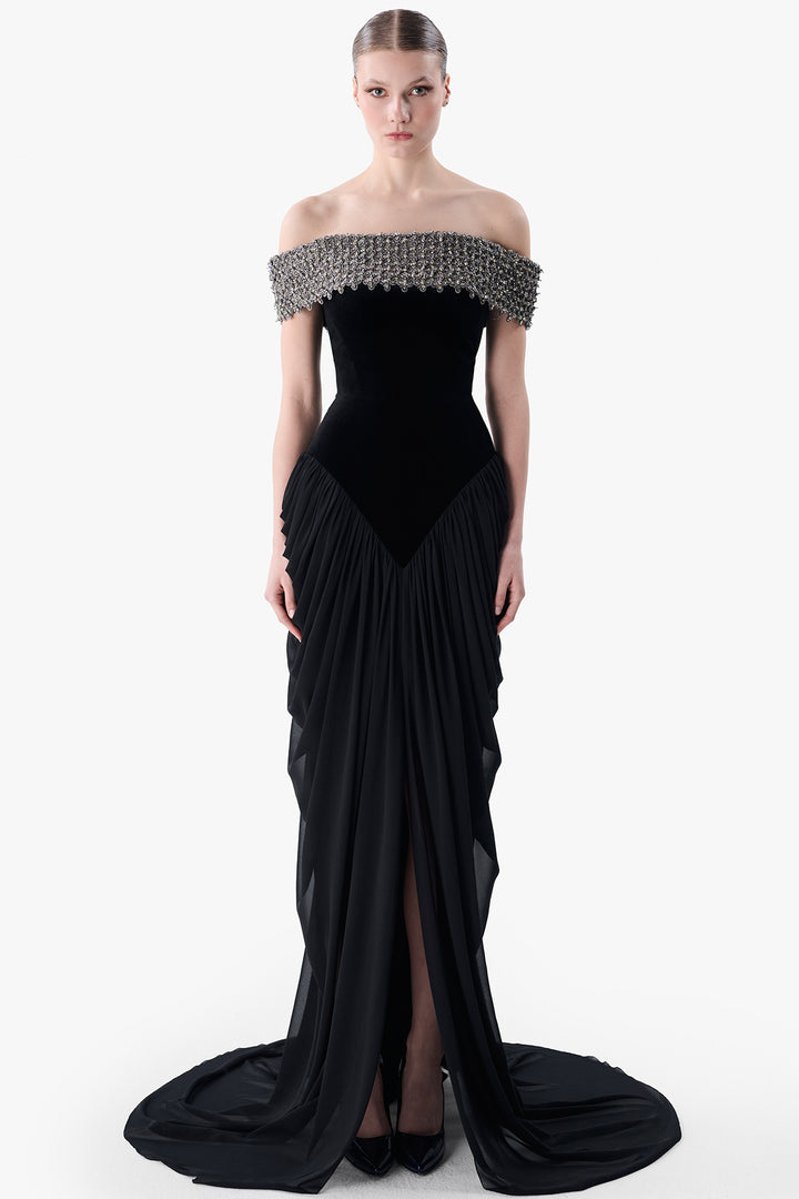 Velvet Corset Gown with Draped Skirt