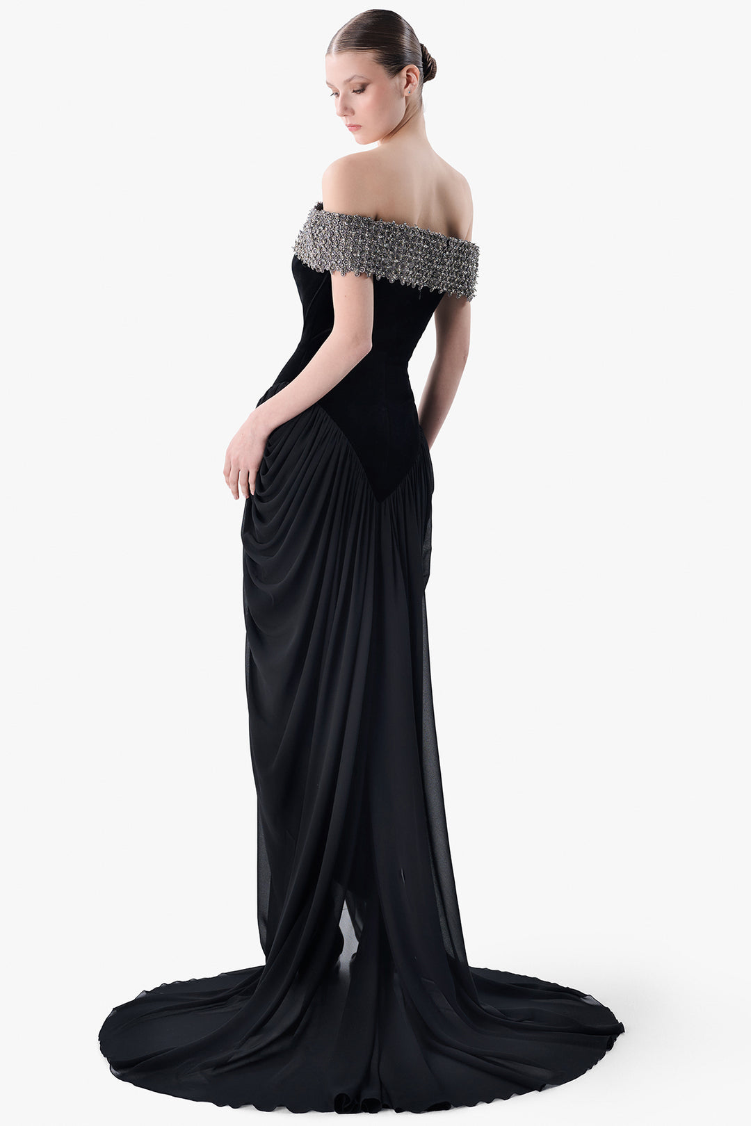 Velvet Corset Gown with Draped Skirt