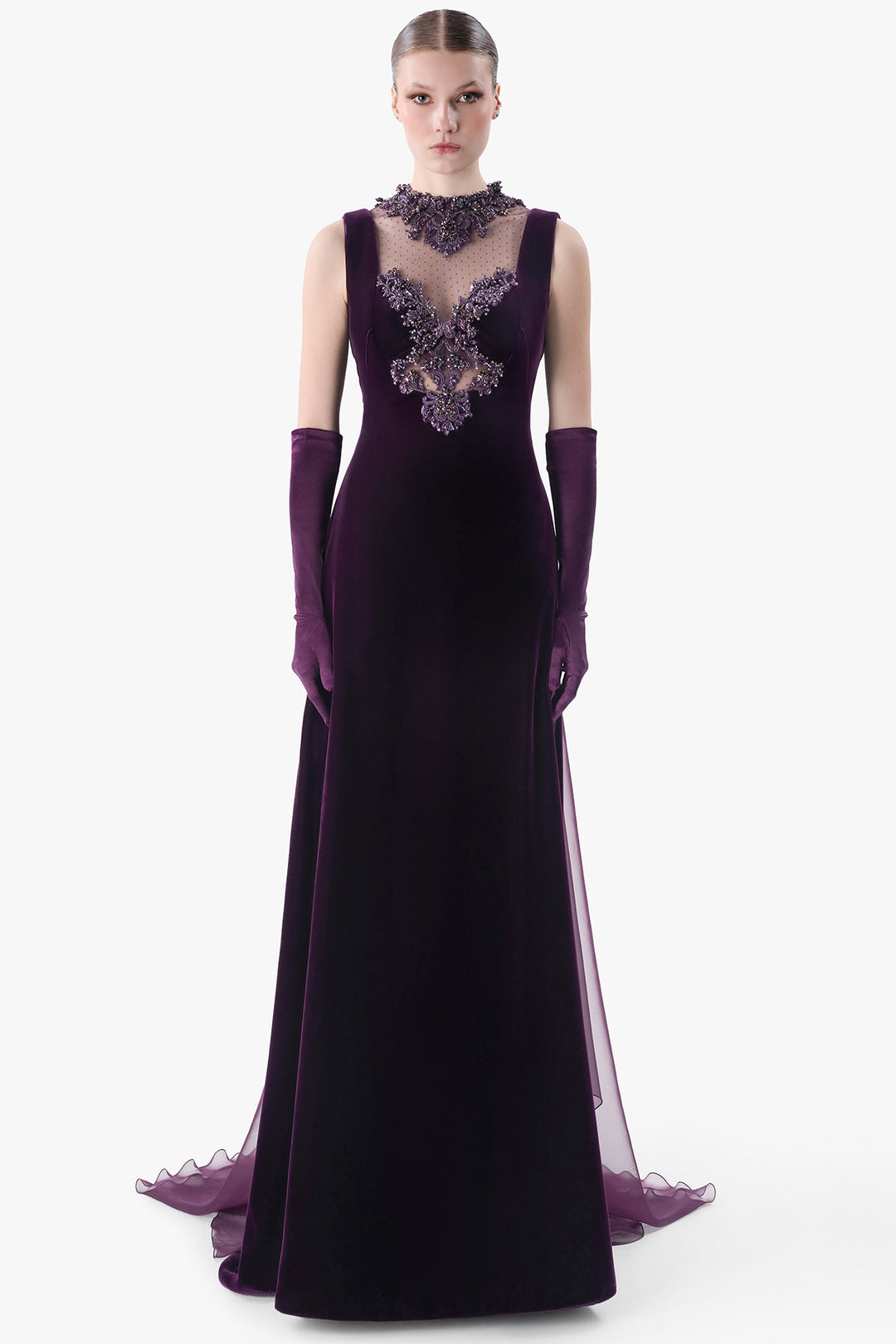 Embroidered Illusion Neck Velvet Gown