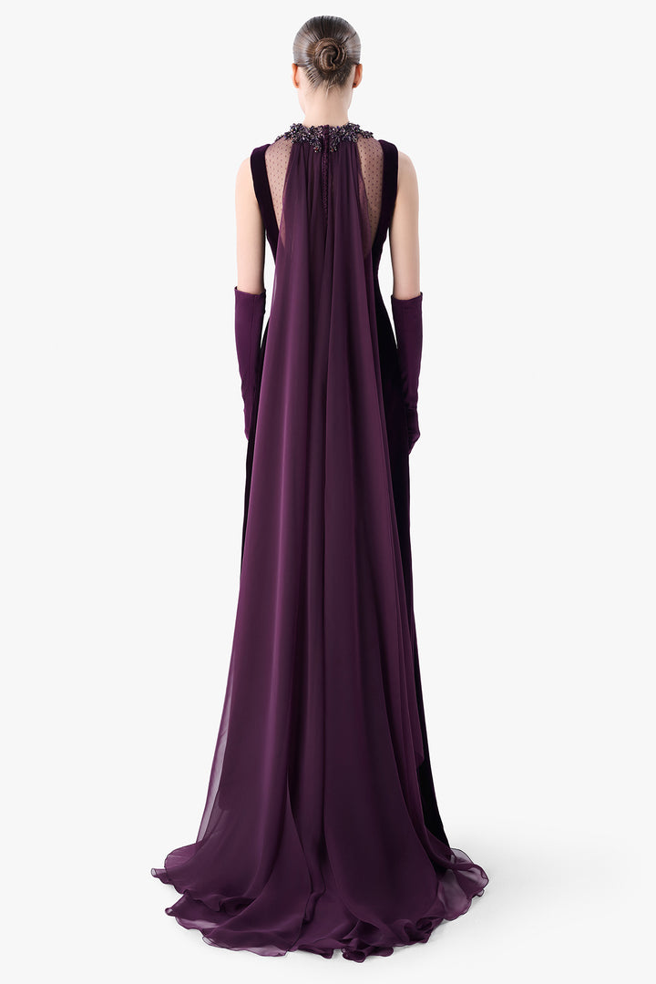 Embroidered Illusion Neck Velvet Gown