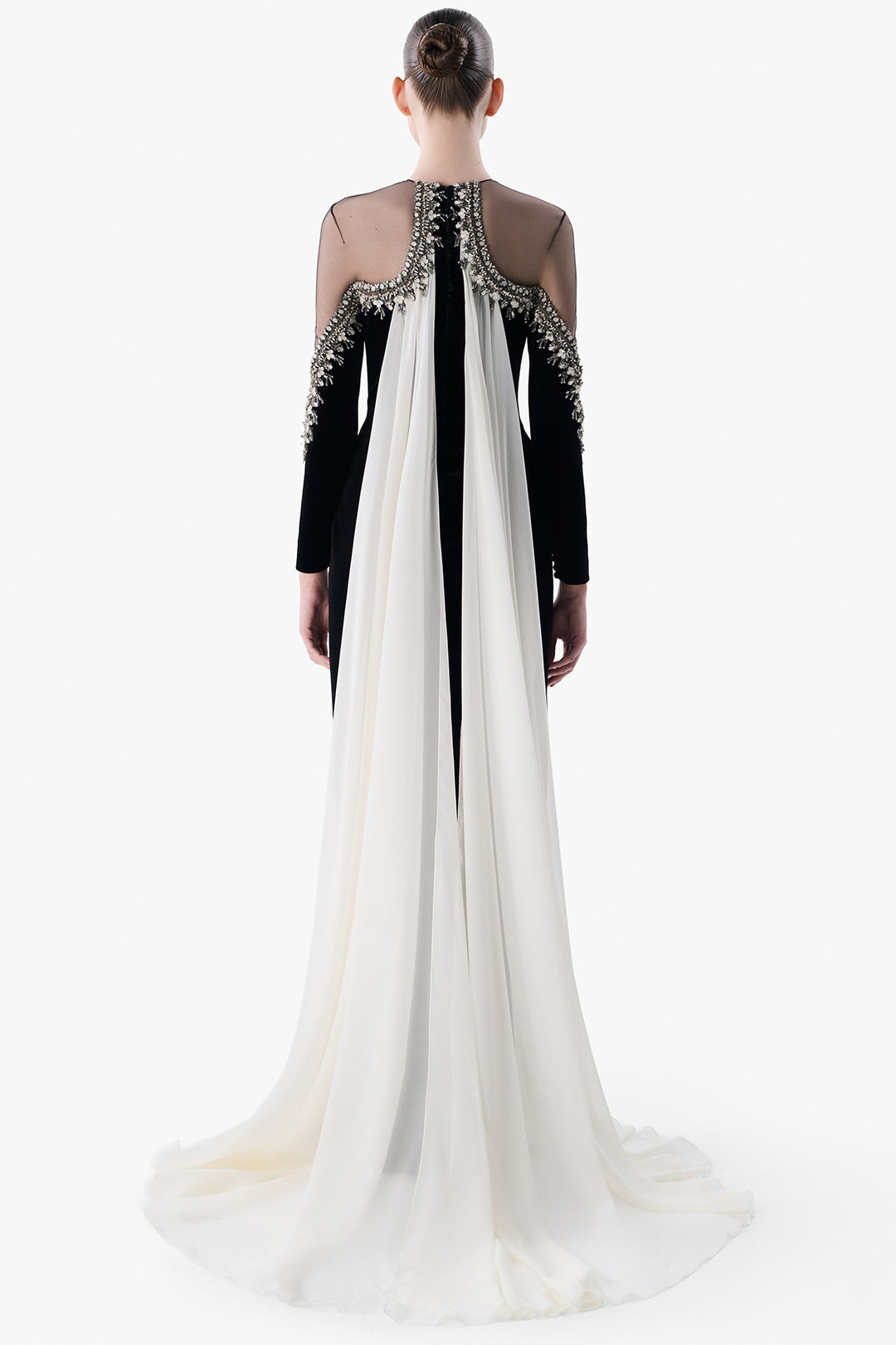 Velvet Gown with Embroidered Tulle Cape