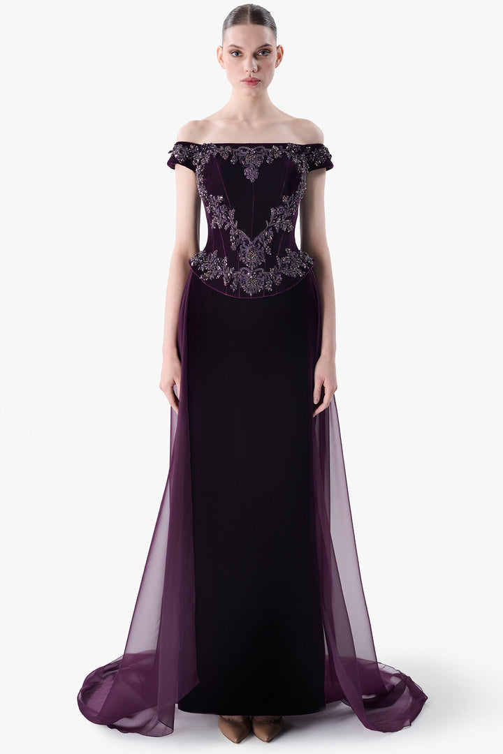 Off-Shoulder Embroidered Velvet Gown