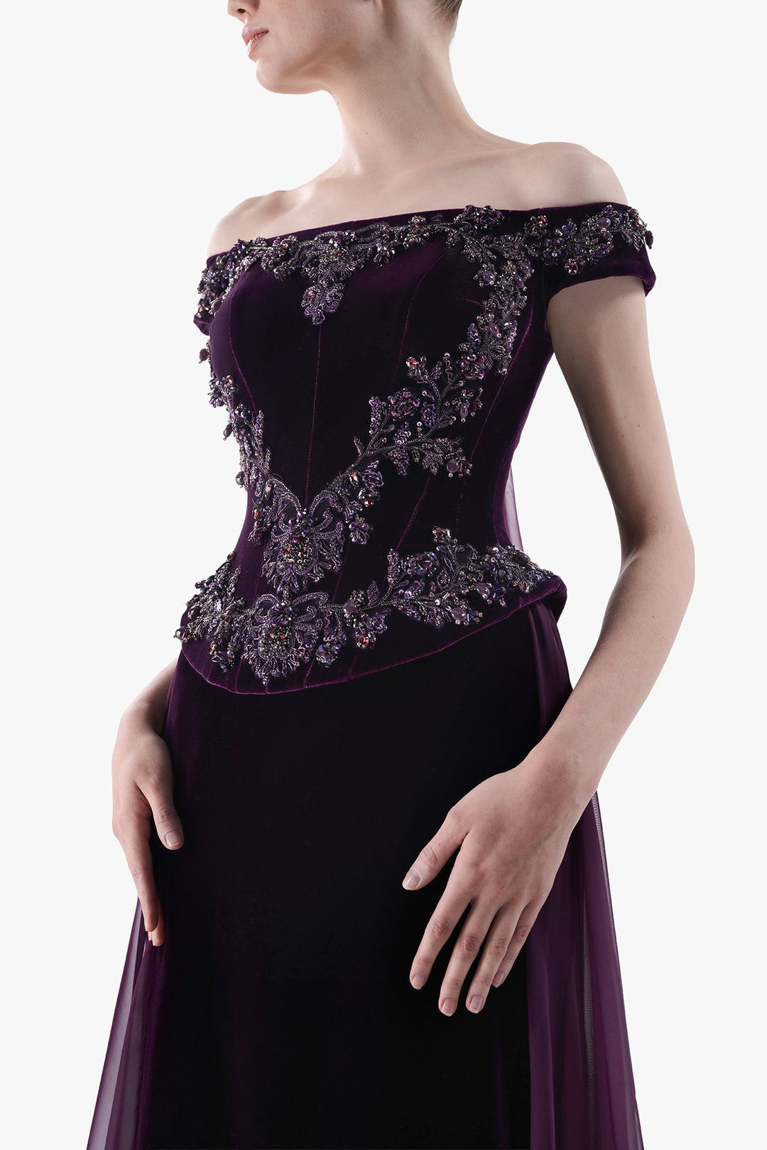 Off-Shoulder Embroidered Velvet Gown