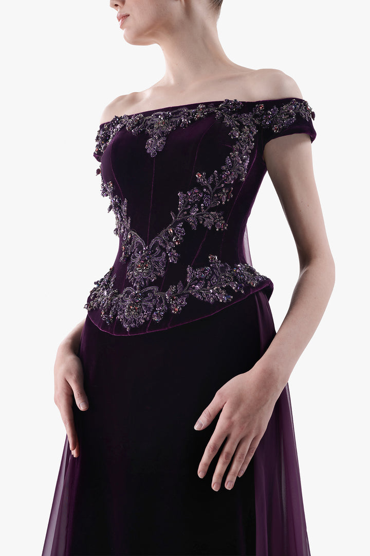 Off-Shoulder Embroidered Velvet Gown