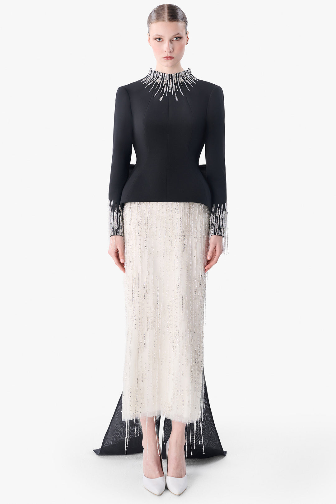 Structured Crepe Jacket with Embroidered Skirt