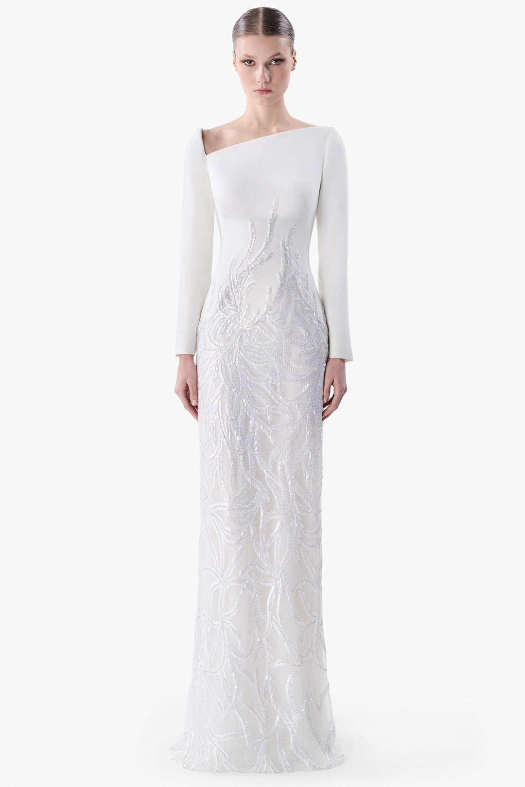Asymmetric Crepe Gown with Embroidered Skirt