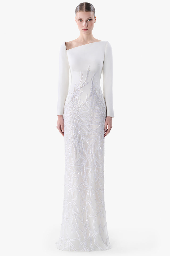 Asymmetric Crepe Gown with Embroidered Skirt