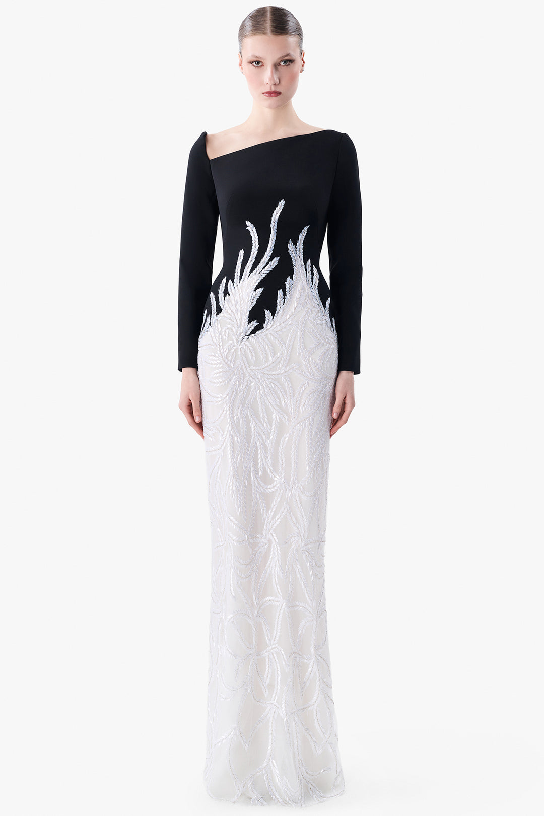Asymmetric Crepe Top with Embroidered Skirt