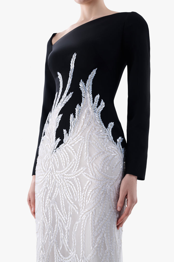 Asymmetric Crepe Top with Embroidered Skirt