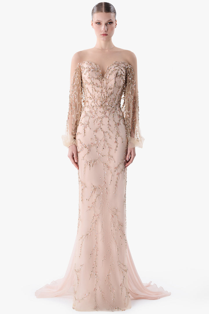 Embroidered Gown with Draped Back Cape