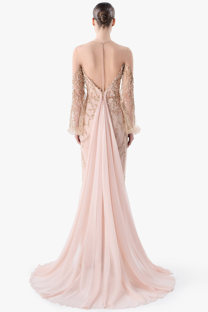Embroidered Gown with Draped Back Cape