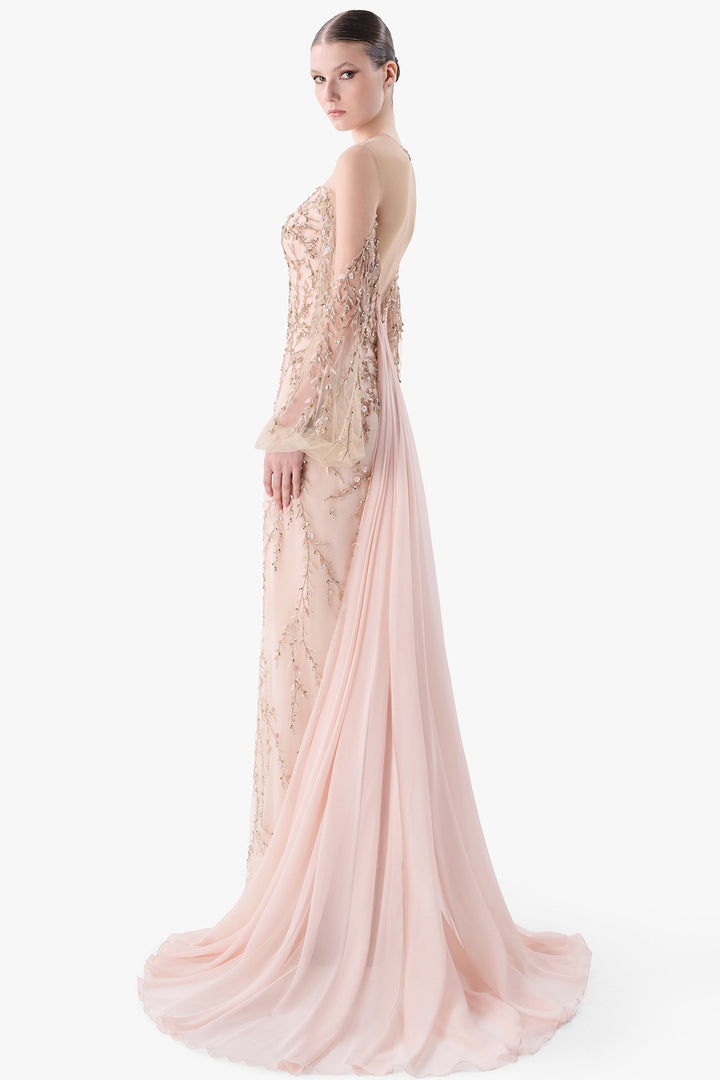 Embroidered Gown with Draped Back Cape