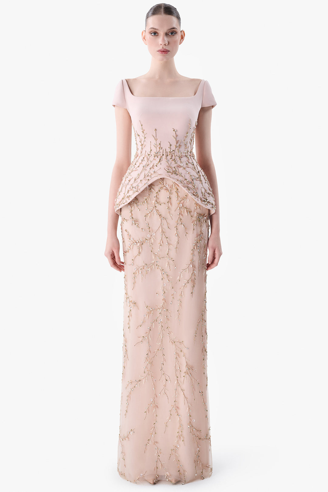 Embroidered Peplum Gown with Square Neckline