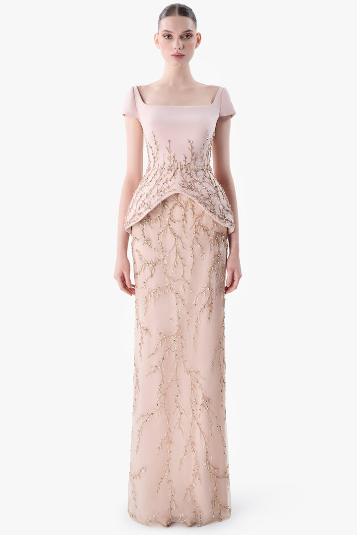 Embroidered Peplum Gown with Square Neckline