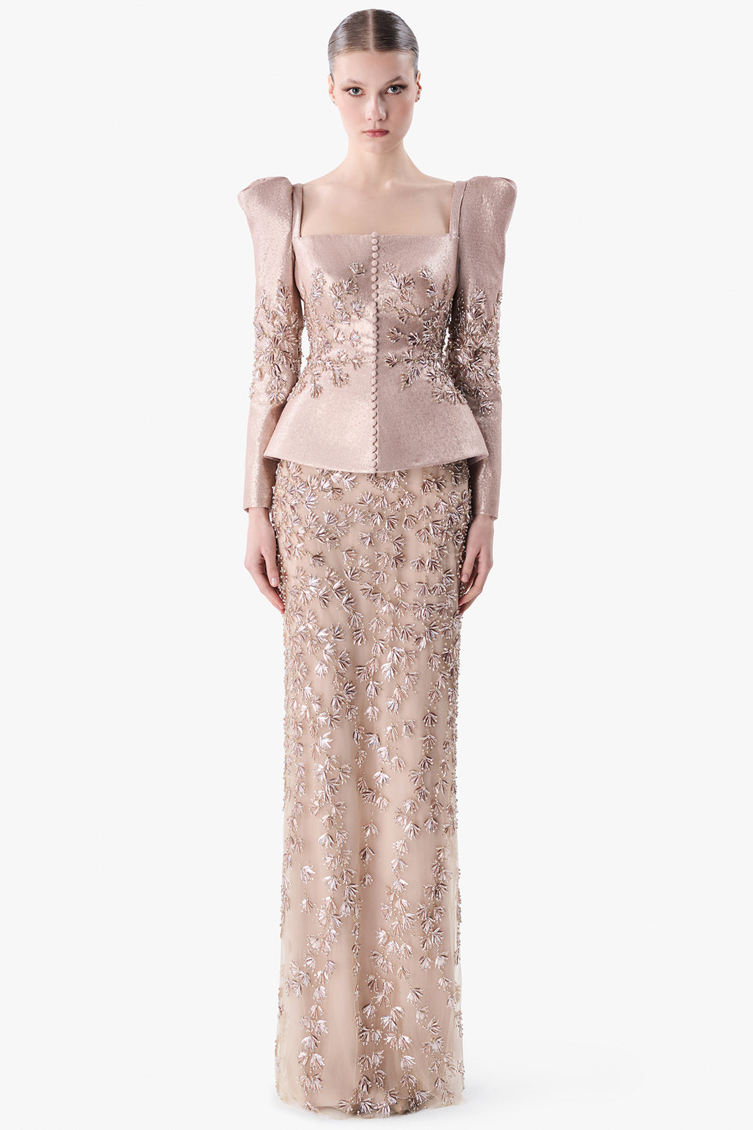 Structured Peplum Gown with Embroidered Skirt